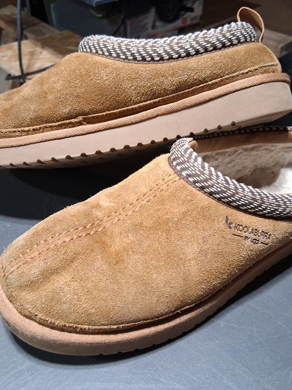 Koolaburra Tan Suede Slip-On Slippers with Knit Trim